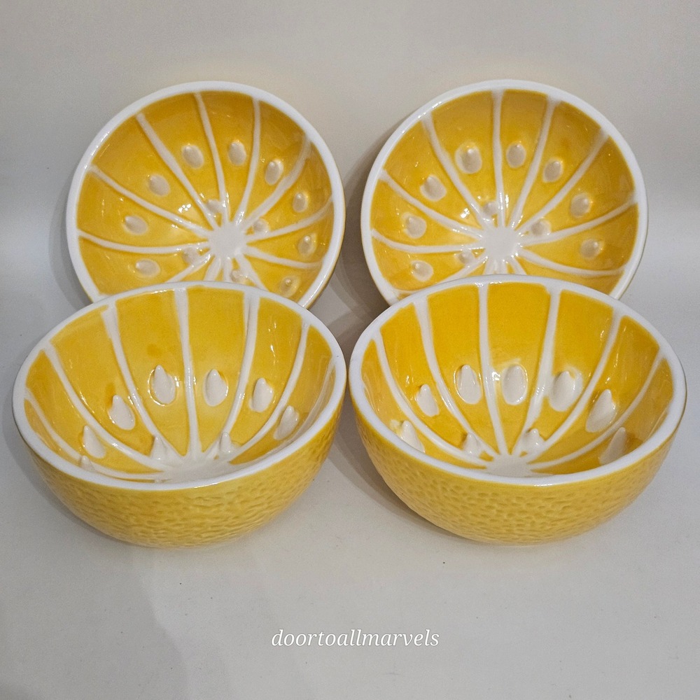VTG 4 Figural Grapefruit Bowls Ceramic Serving with Raised Seeds Prongs